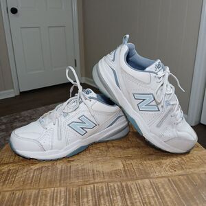 New Balance 608 V5 White Blue Leather Cross Training Shoes WX608WB5 Women's 9 B